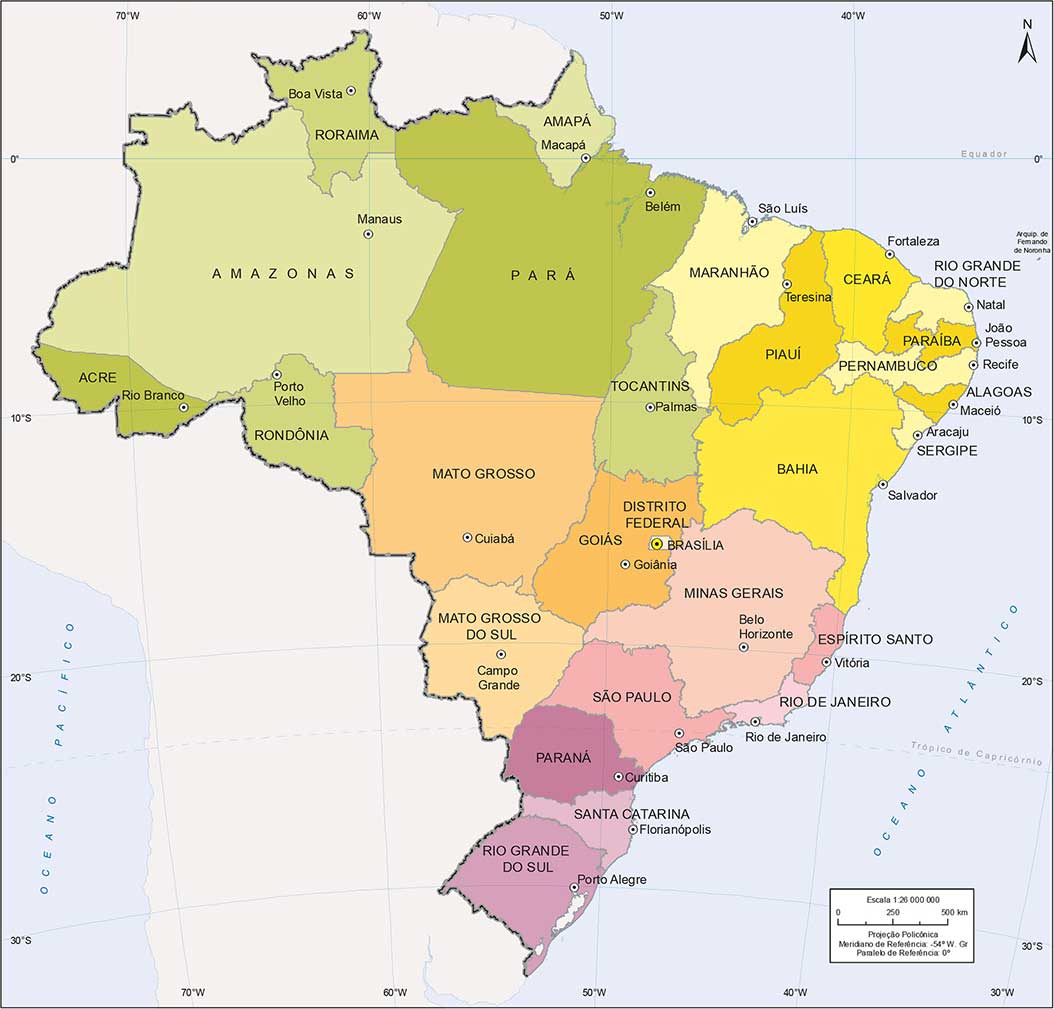 Divisão político-administrativa do Brasil por estados.